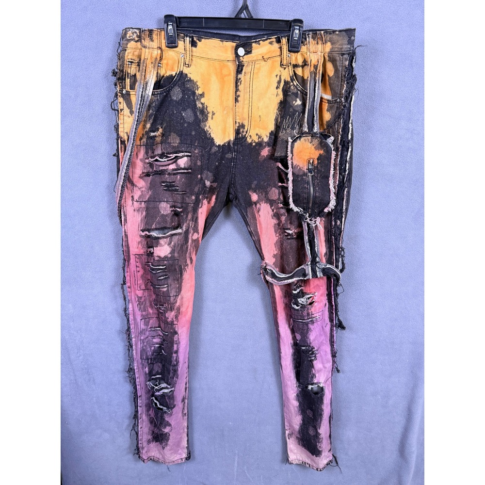 Y2K MNML Jeans Mens 38 Bleached Distressed Punk Streetwear Apacolypse Grunge